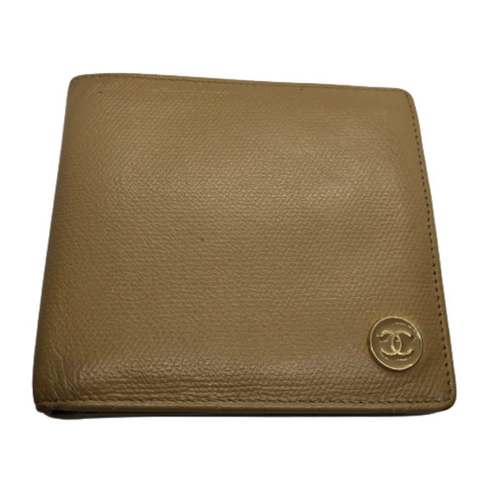 Authentic Chanel Tan / Beige Caviar Leather Designer Slim Bifold Wallet